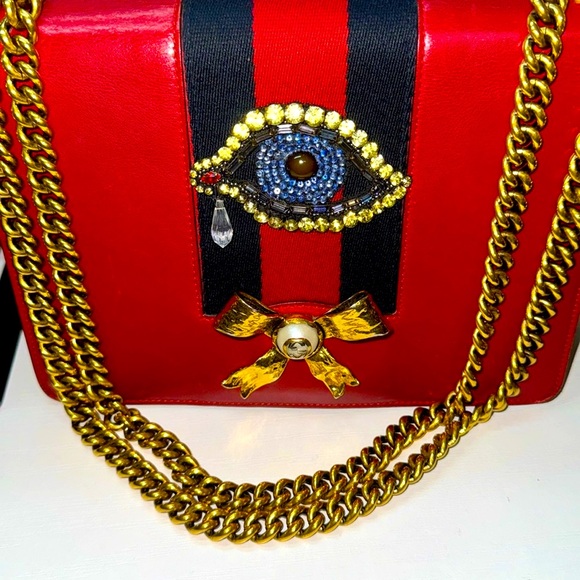 Authentic limited Edition GUCCI Red Leather Web Peony Eye Chain Shoulder Bag - Picture 17 of 17